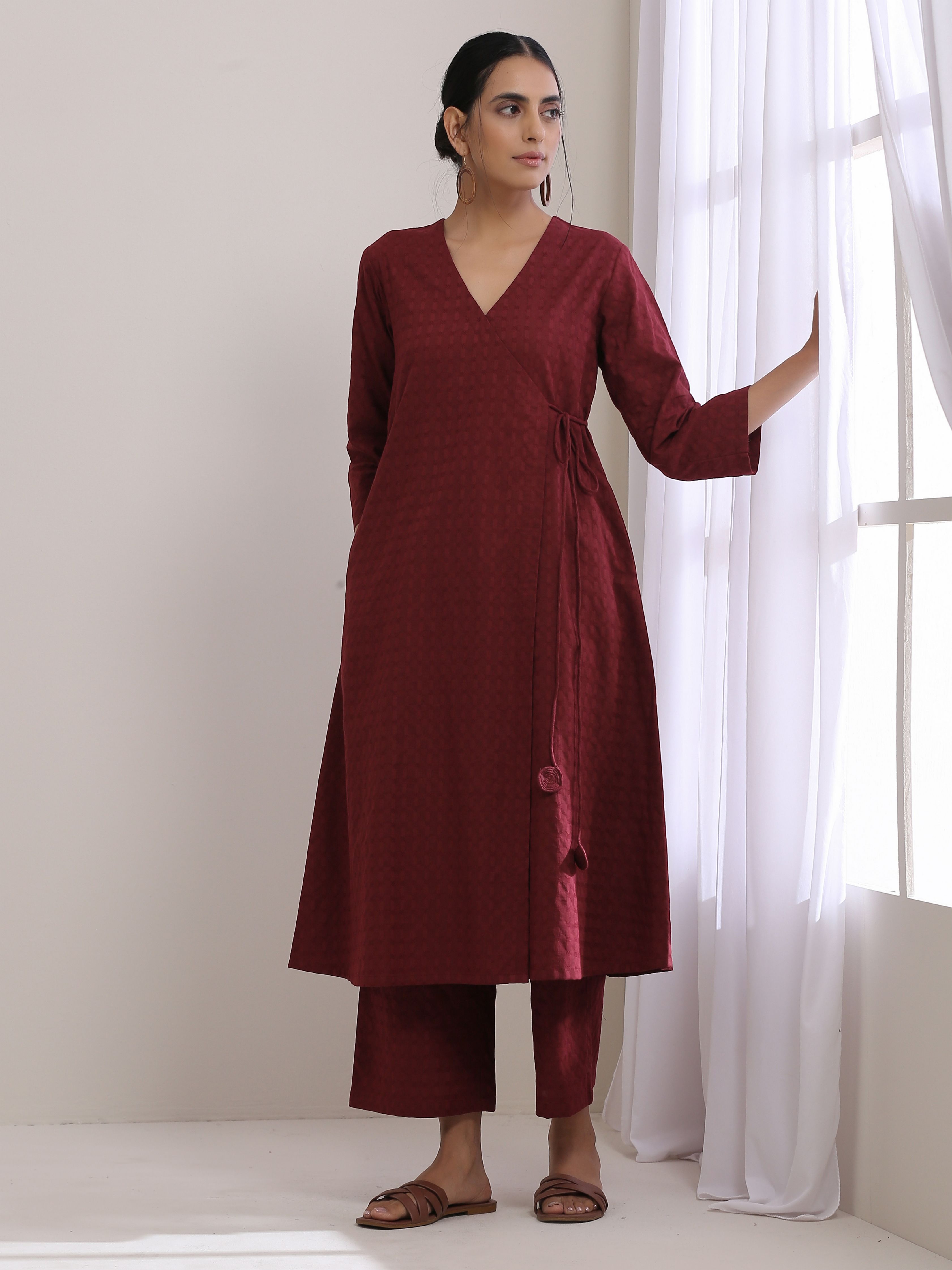 trueBrowns Ruby Wine Dobby Angrakha Pant Set | Grocsy