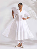 trueBrowns White Cotton Schiffli Flared Anarkali Kurta Set | Grocsy