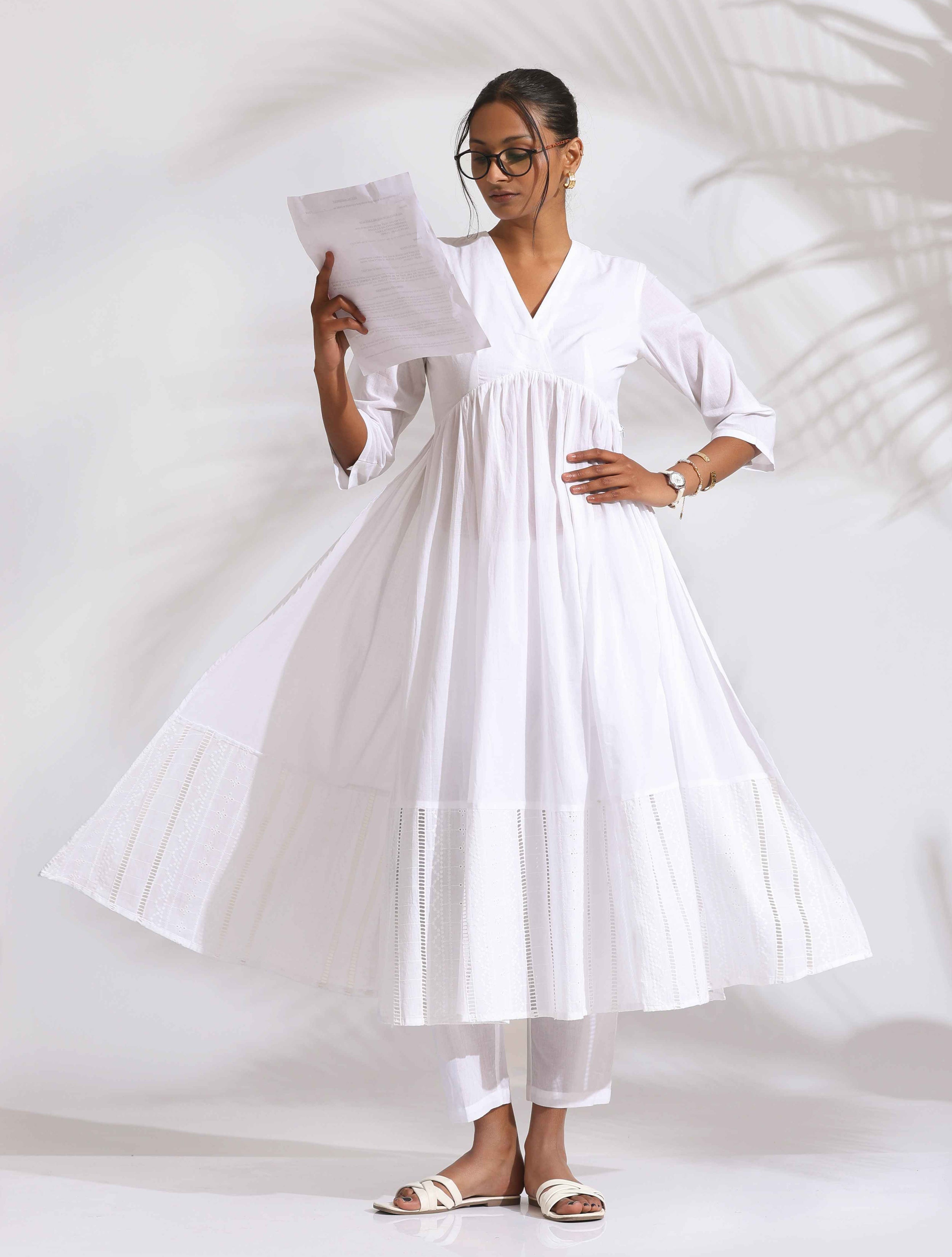 trueBrowns White Cotton Schiffli Flared Anarkali Kurta Set | Grocsy