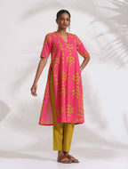 trueBrowns Pink Cotton Print A-line Kurta Set | Grocsy