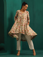 trueBrowns Off white Floral Jaal Muslin Silk Printed High Low Co-ord Set | Grocsy