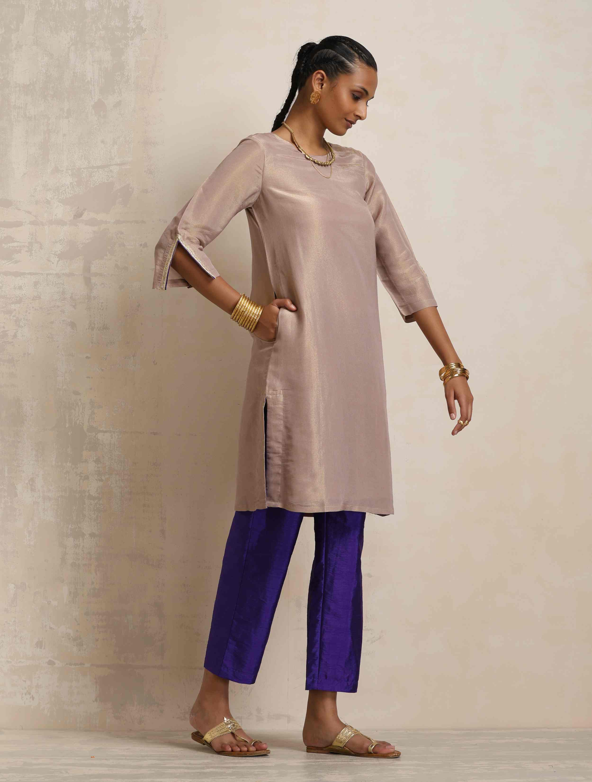 trueBrowns Lilac Tissue Kurta Co-ord Set | Grocsy