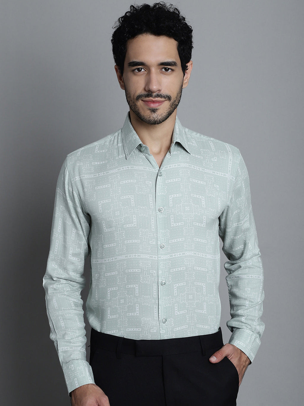 Jainish Men's Geomatric Printed Formal Shirts - Pista | Grocsy
