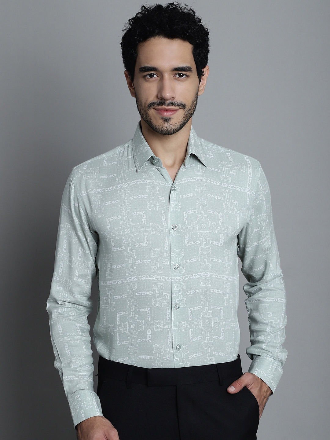 Jainish Men's Geomatric Printed Formal Shirts - Pista | Grocsy
