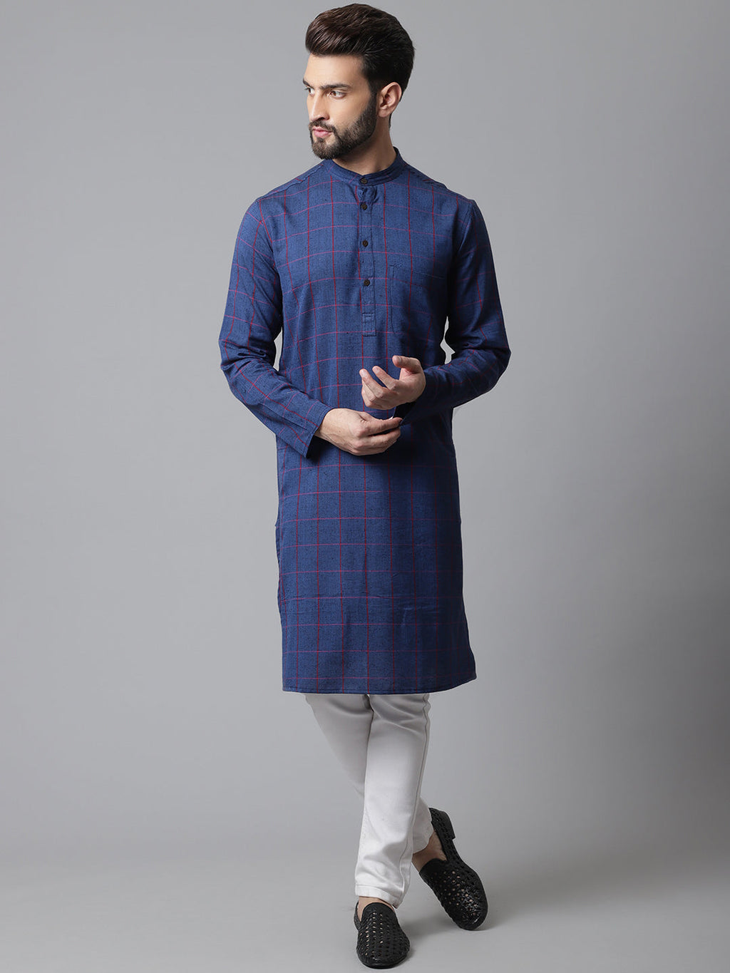 Even Apparels Blue Long Kurta With Band Collar | Grocsy