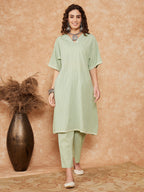 InWeave Women's Sage Green Kantha Lace Wrok Kimono Sleeve Kurta Set | Grocsy