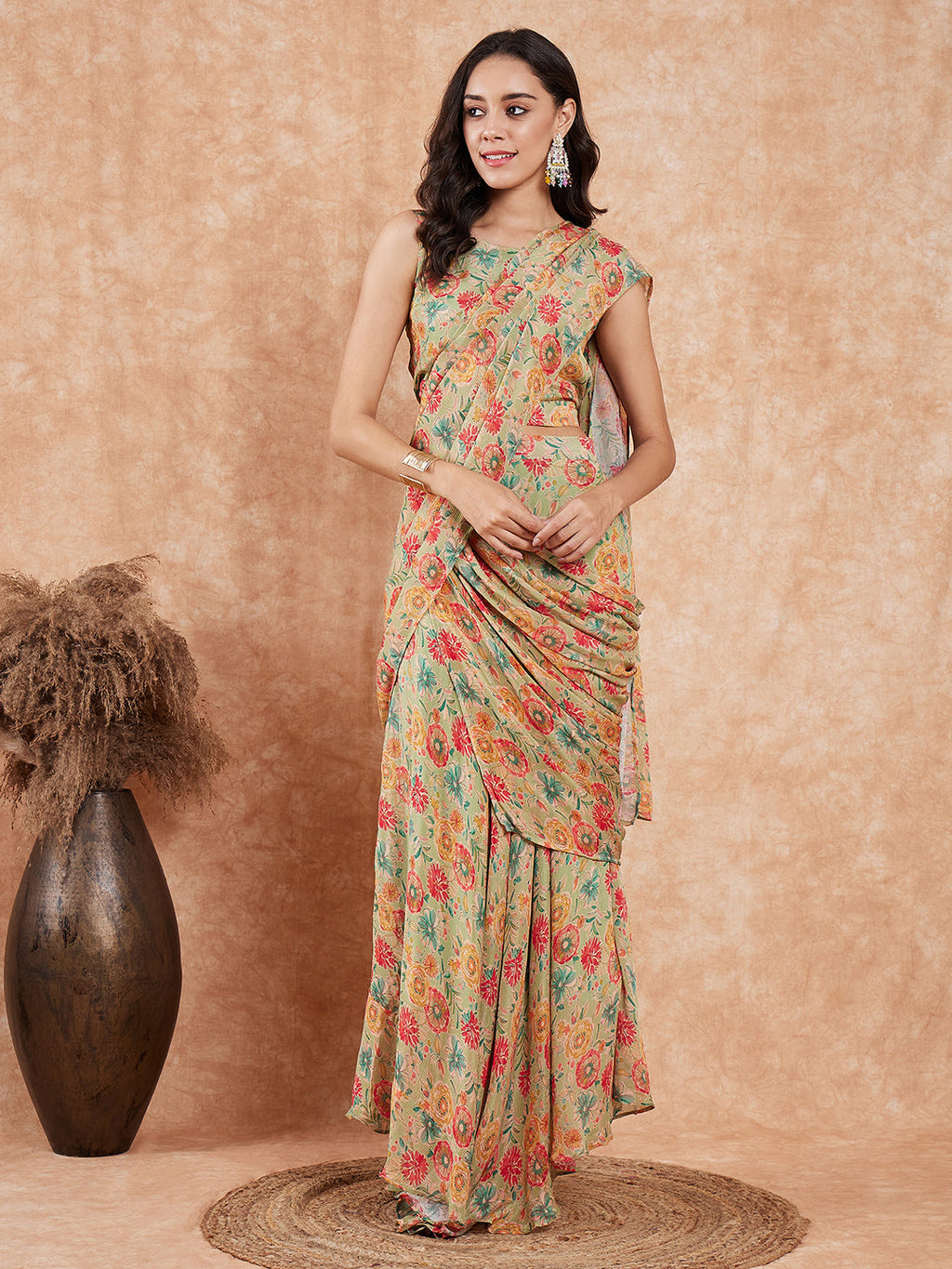 InWeave Women's Pear Green Red Floral Skirt Saree | Grocsy