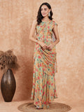 InWeave Women's Pear Green Red Floral Skirt Saree | Grocsy