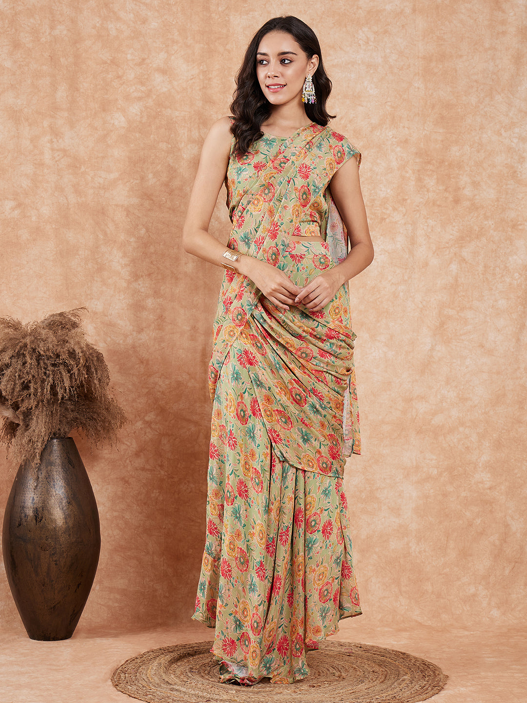 InWeave Women's Pear Green Red Floral Skirt Saree | Grocsy