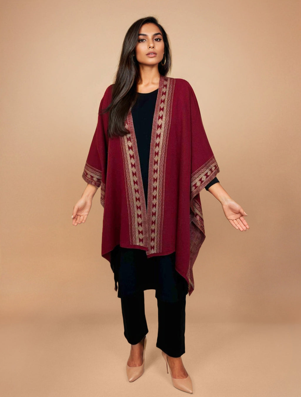 trueBrowns Maroon Woollen Geometric Kaftan Cape | Grocsy