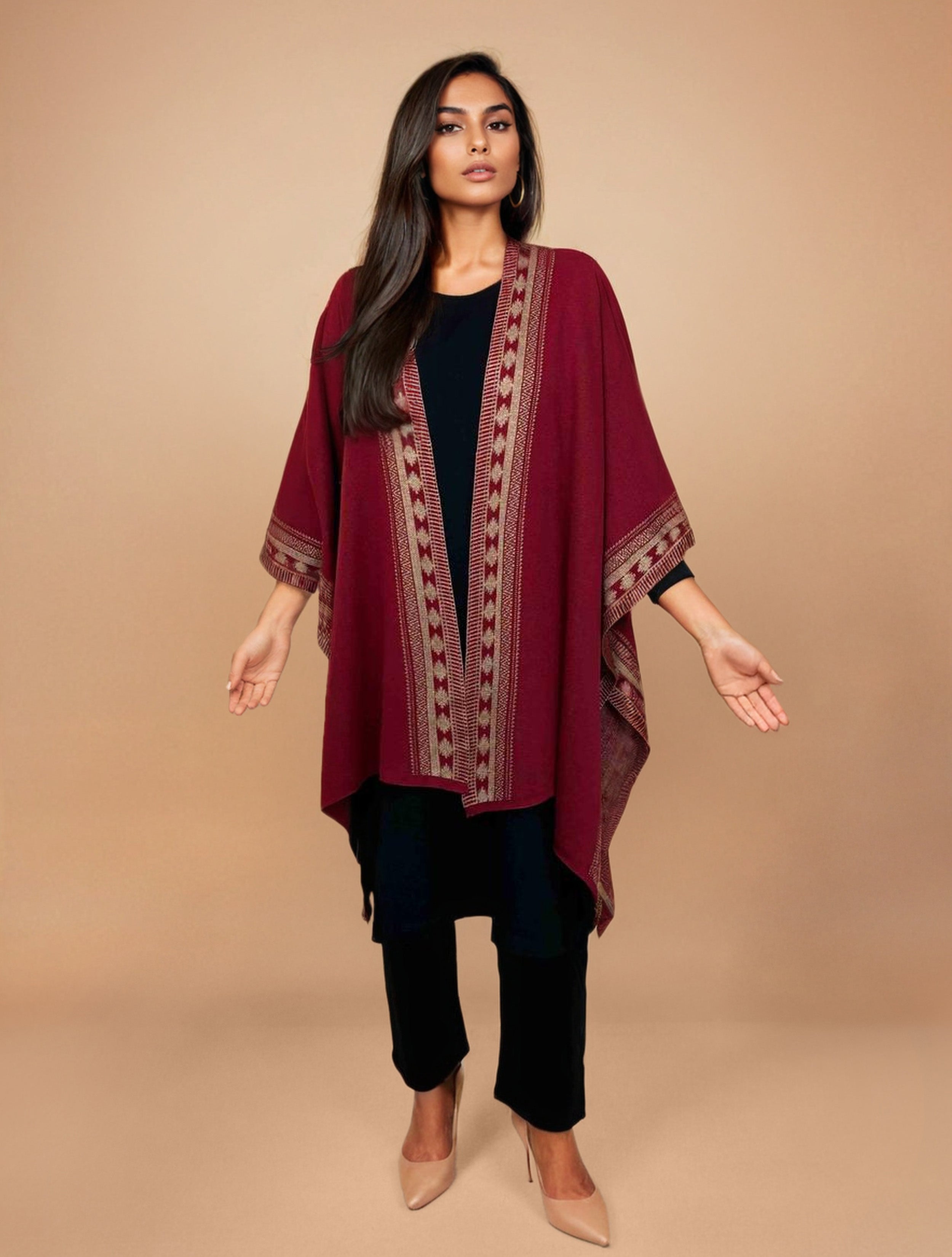 trueBrowns Maroon Woollen Geometric Kaftan Cape | Grocsy