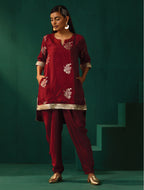 trueBrowns Maroon Floral Viscose Silk High Low Co-ord Set | Grocsy