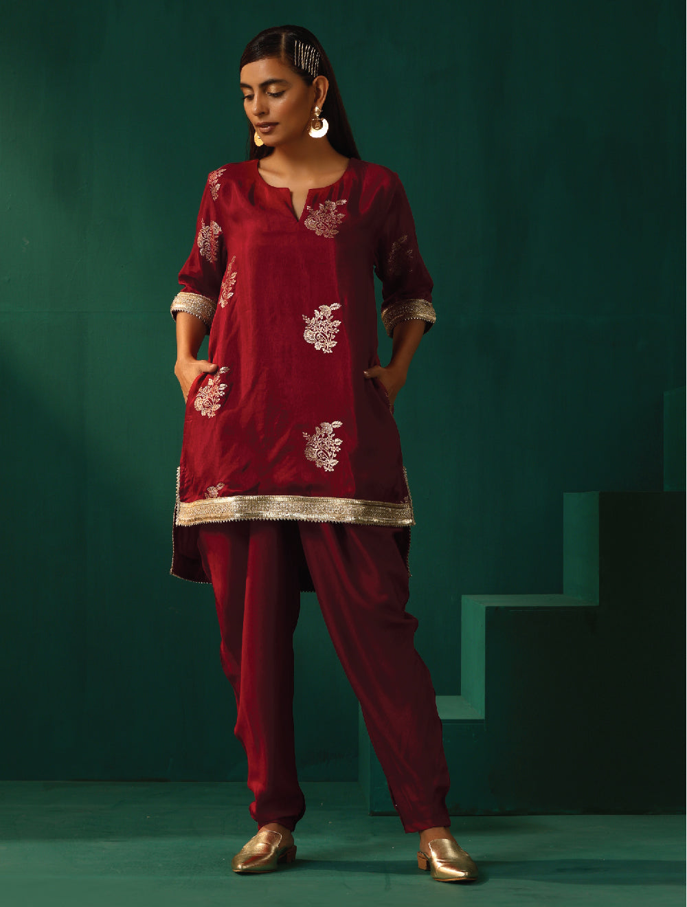trueBrowns Maroon Floral Viscose Silk High Low Co-ord Set | Grocsy