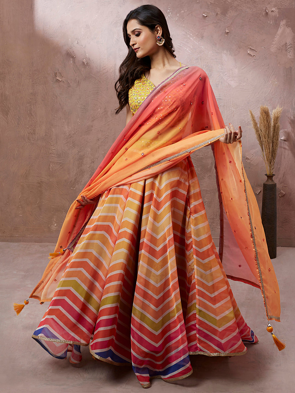 House of Panchhi Yellow Organza Leheriya Printed Lehenga Choli & Dupatta | Grocsy
