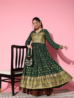 InWeave Women's Bottle Green Gold Border Anarkali Kurta | Grocsy