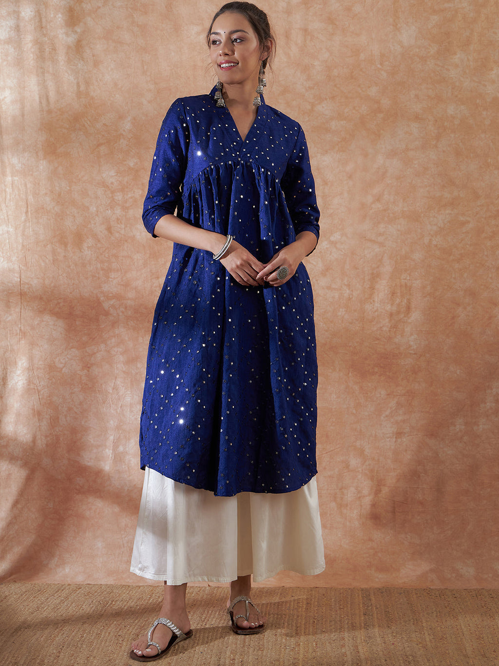 InWeave Women's Blue Mirror Work Flared Kurta | Grocsy