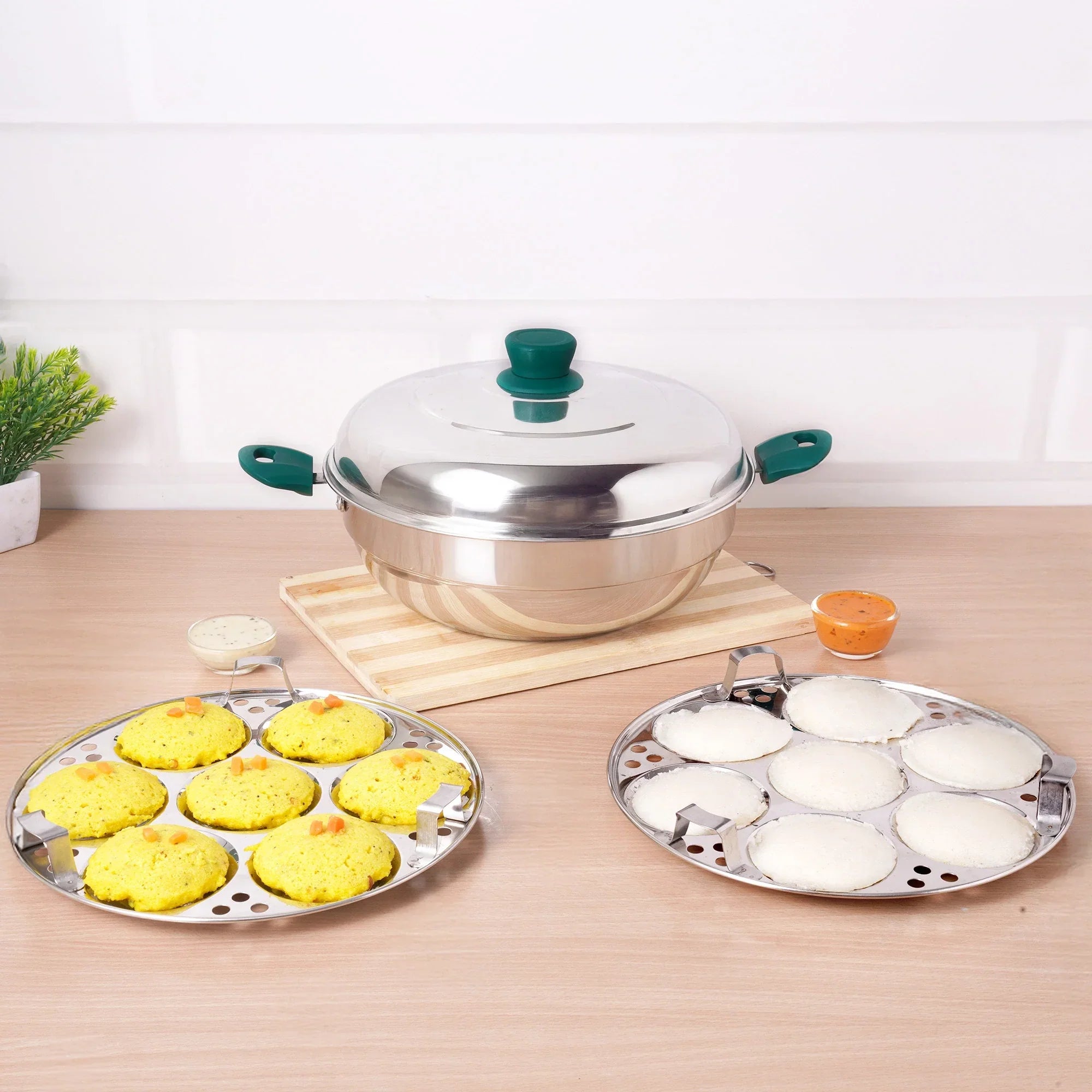 The Indus Valley 14 Pit Tri-Steel Multi Pot Premium Stainless Steel Idli/ Momo Maker/  Veg Steaming Set, Tri-ply Induction Bottom, 2 Plates, 27cm | Grocsy