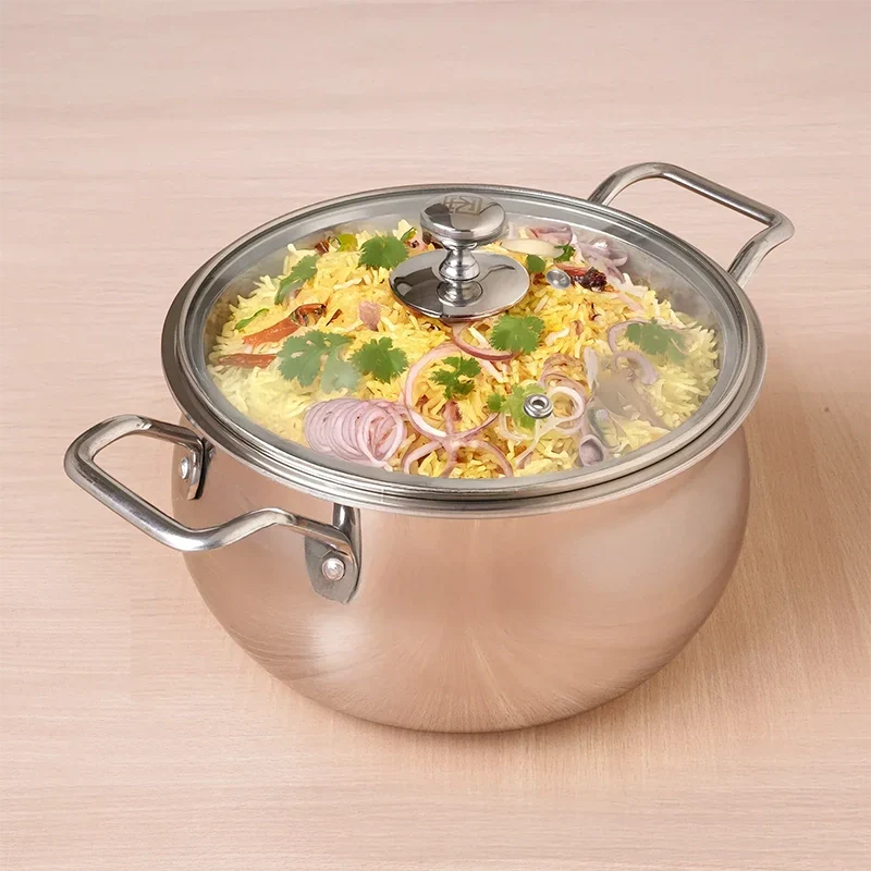 The Indus Valley TurboCuk Tri-ply Stainless Steel Handi Casserole/ Biryani Cooking Pot+ Glass Lid, Premium Quality, 3 Layer Thick Body, 100% Toxin-free, Non-stick, Induction & Gas, 4L | Grocsy