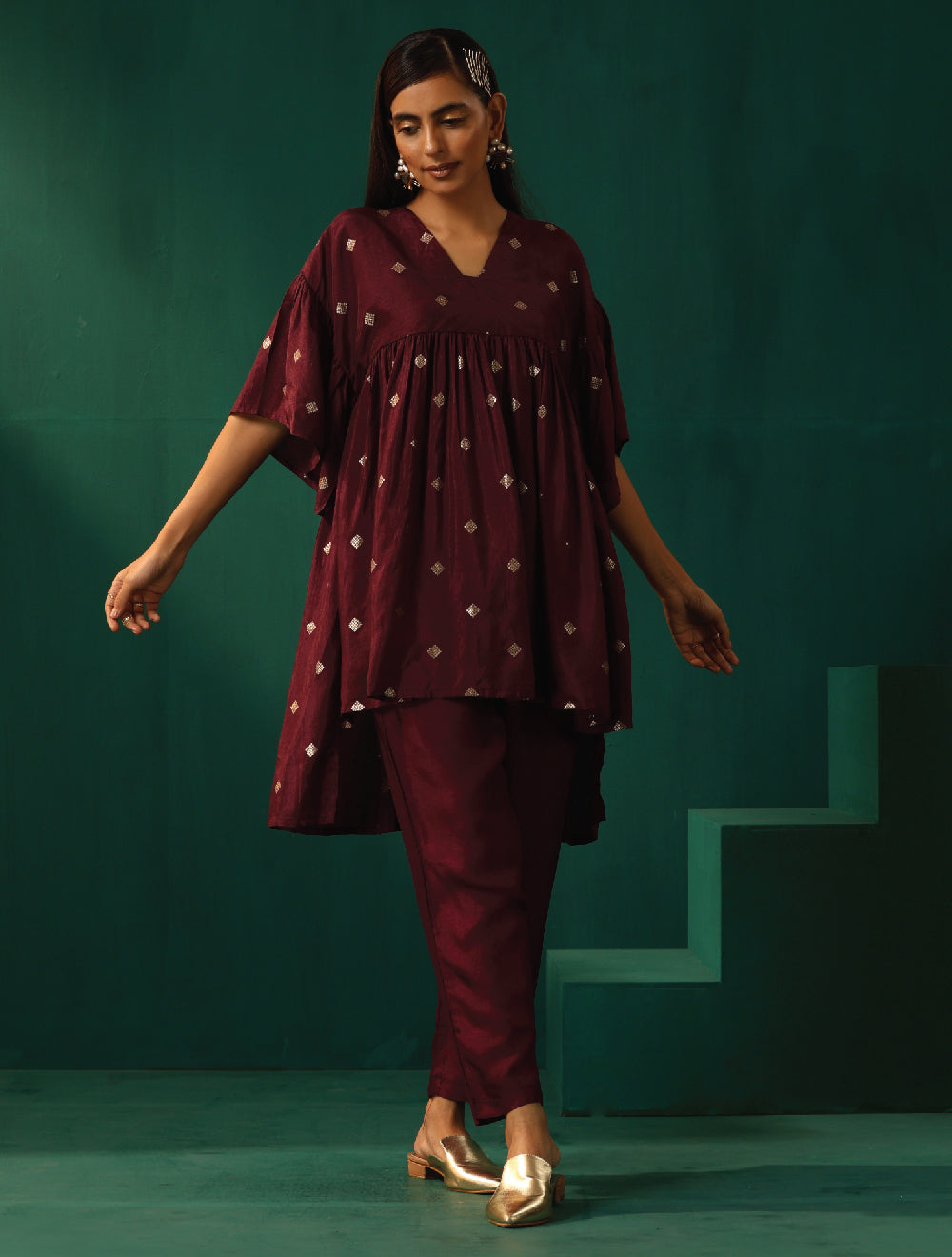 trueBrowns Wine Diamond Viscose Silk Waist Sleeve Gathered Co-ord Set | Grocsy