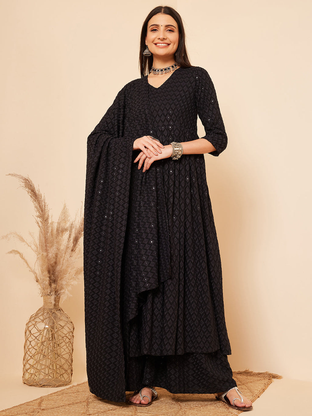 InWeave Women's Black Chikankari Long Anarkali Kurta Sharara Set W Dupatta | Grocsy