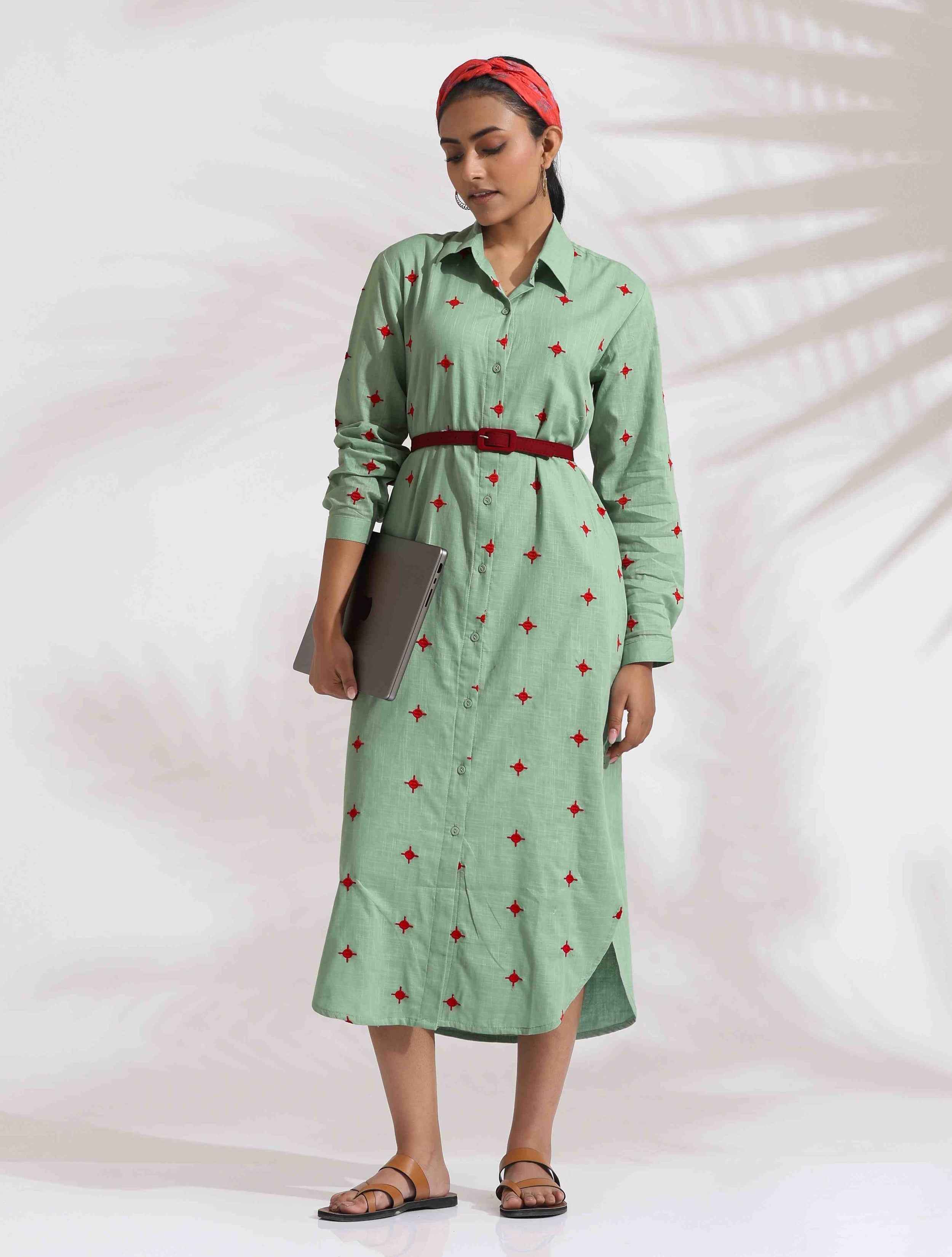 trueBrowns Green Cotton Embroidered Shirt Dress | Grocsy