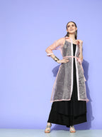 InWeave Women's Black Strappy Kurta Set With Peach Organza Cape | Grocsy