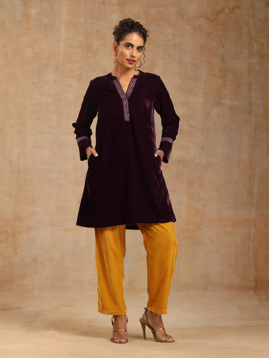 trueBrowns Wine Velvet Placket Embroidered Co-ord Set | Grocsy