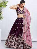 House of Panchhi Purple Pure Georgette Sequins And Thread Embroidery Lehenga Choli & Dupatta | Grocsy