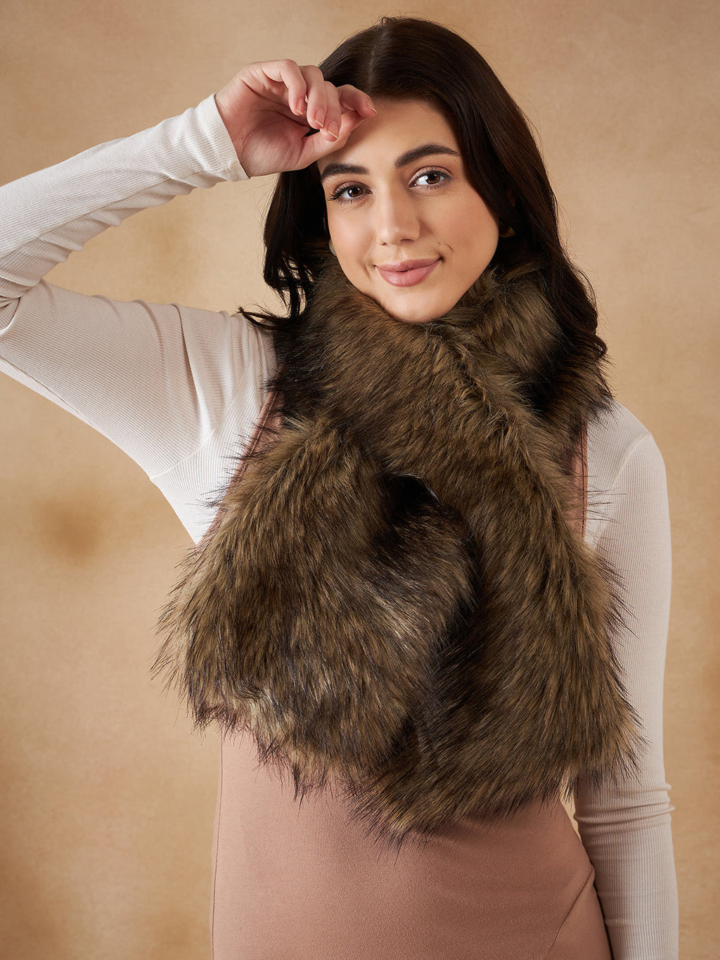 InWeave Women's Beige Print Faux Fur Neck Warmer | Grocsy