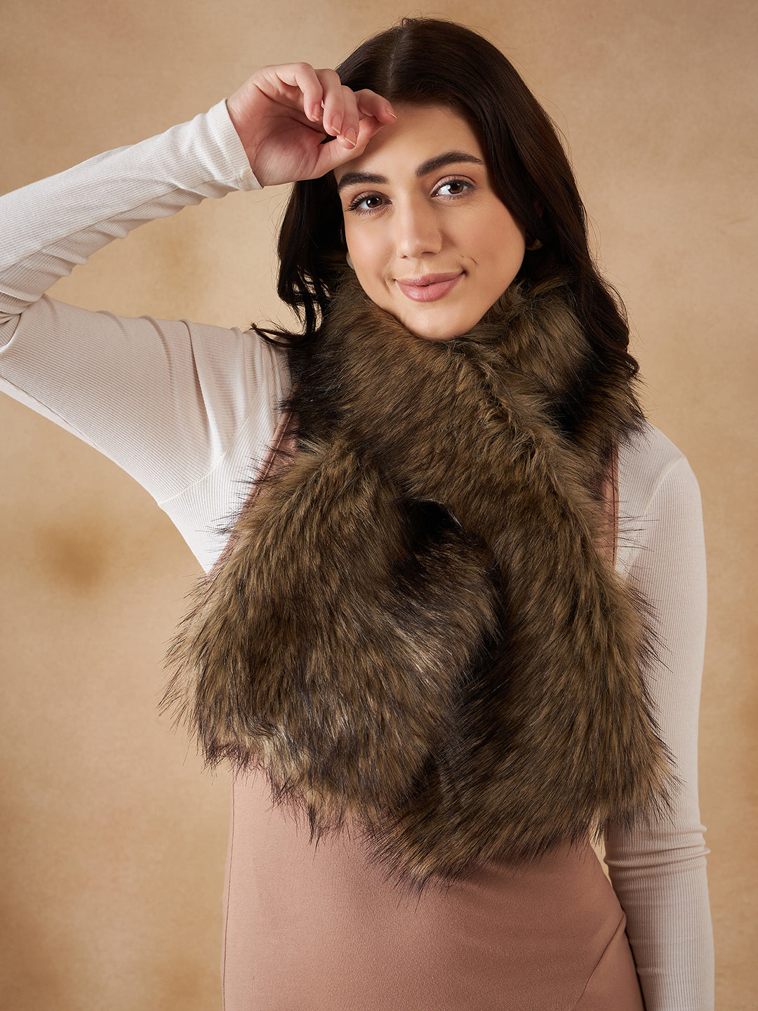 InWeave Women's Beige Print Faux Fur Neck Warmer | Grocsy