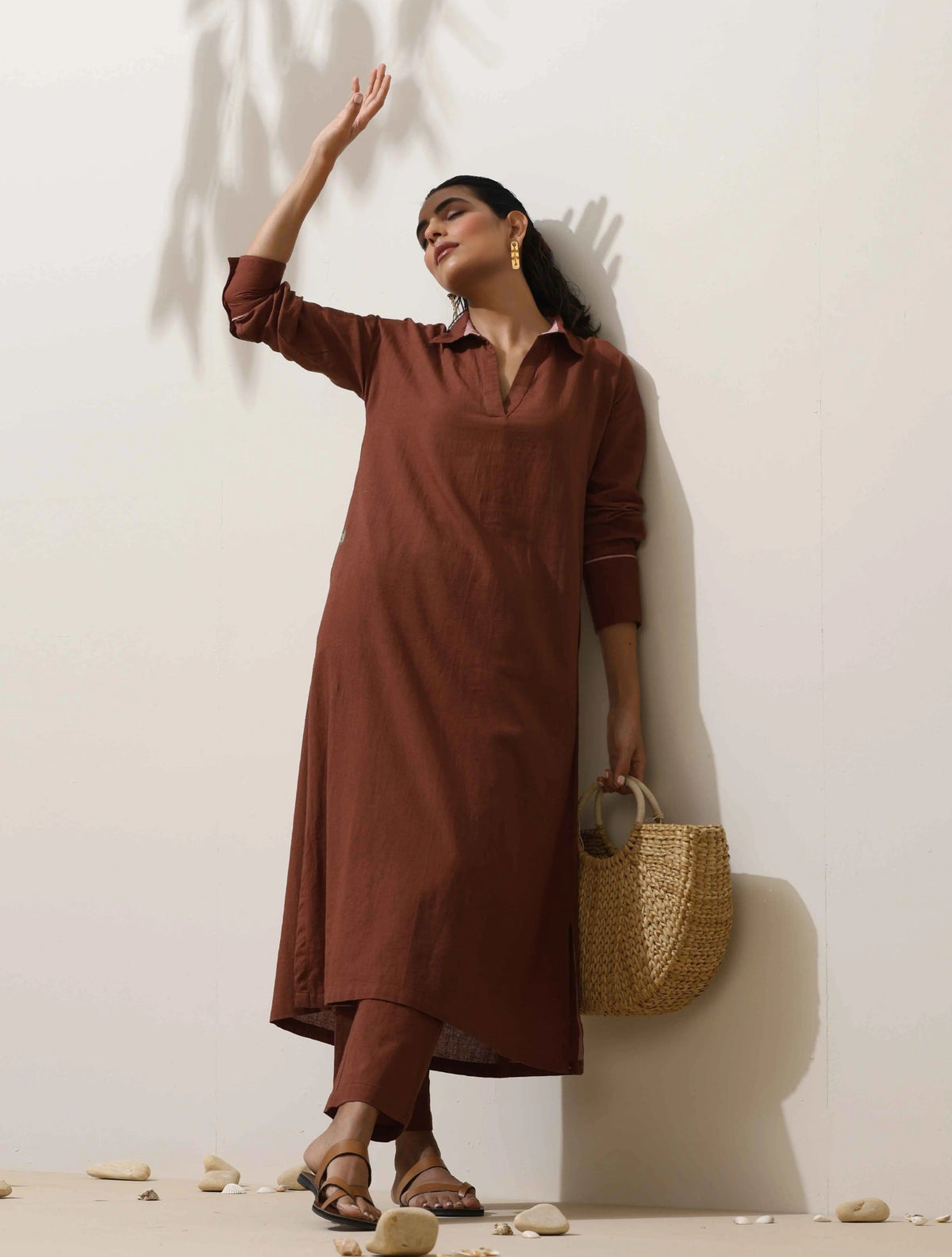 trueBrowns Brown Cotton Linen Kurta Pant Set | Grocsy