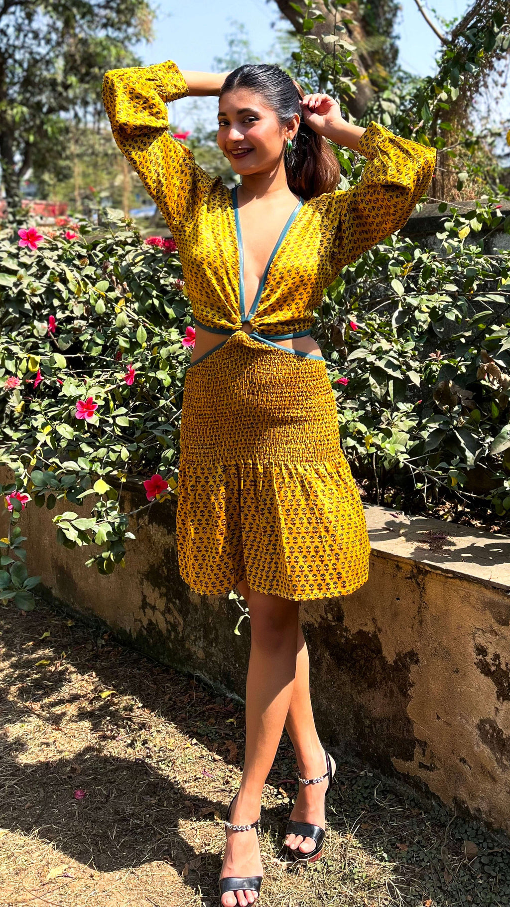 Noroke Yellow silk cut out short dress | Grocsy