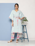 Ahalyaa Women Sea Green Floral Printed Gotta Patti Kurta with Trousers | Grocsy