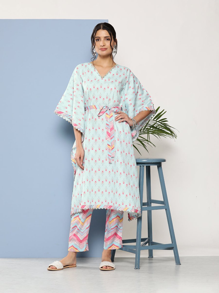 Ahalyaa Women Sea Green Floral Printed Gotta Patti Kurta with Trousers | Grocsy