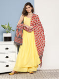 InWeave Women's Light Yellow Ray Strappy Set With Orange Floral Cotton Dupatta | Grocsy