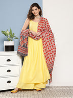 InWeave Women's Light Yellow Ray Strappy Set With Orange Floral Cotton Dupatta | Grocsy