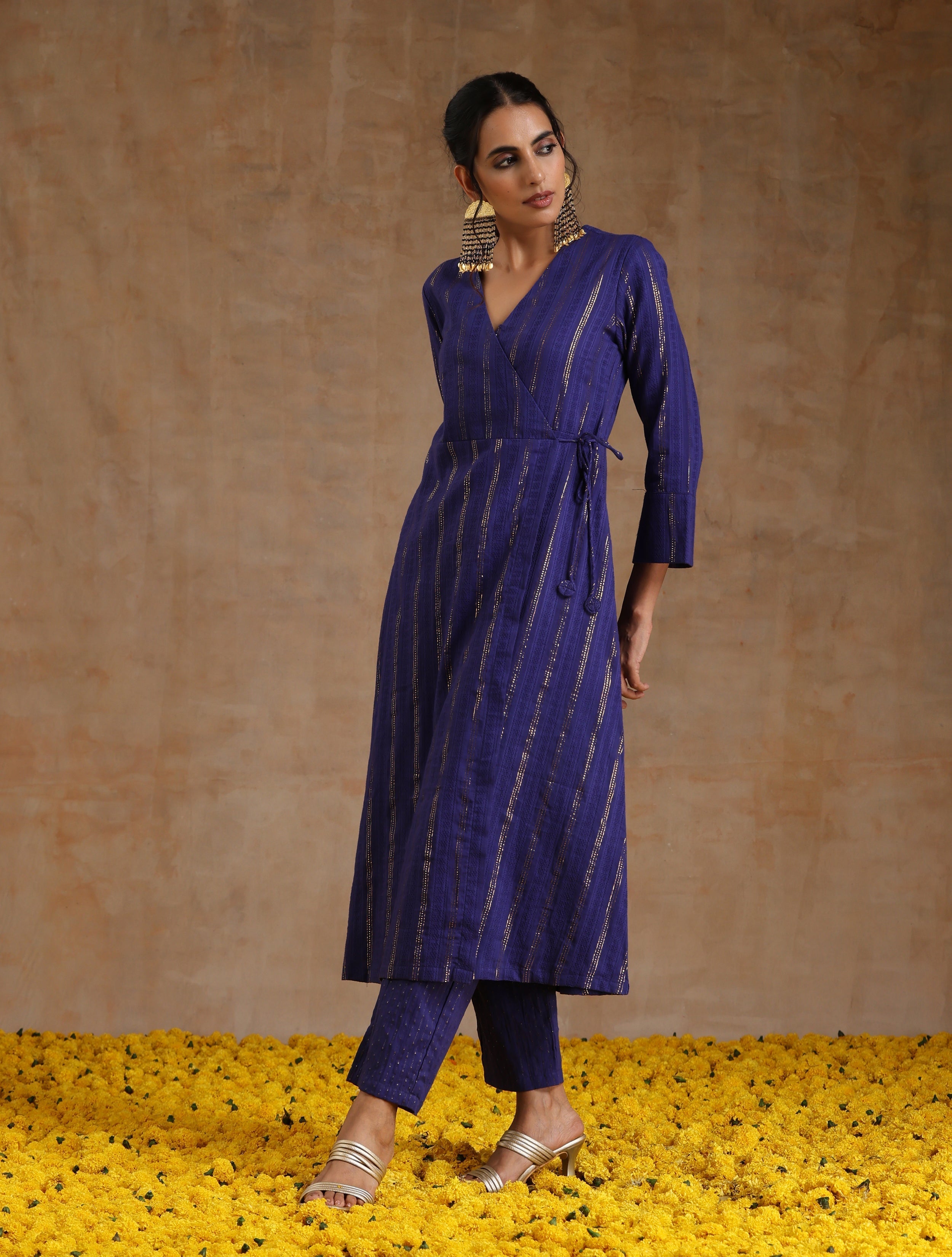 trueBrowns Spectrum Blue Gold Cotton Angrakha Kurta Set | Grocsy