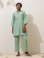 trueBrowns Mint Green Cotton Linen Kurta Co-Ord Set | Grocsy