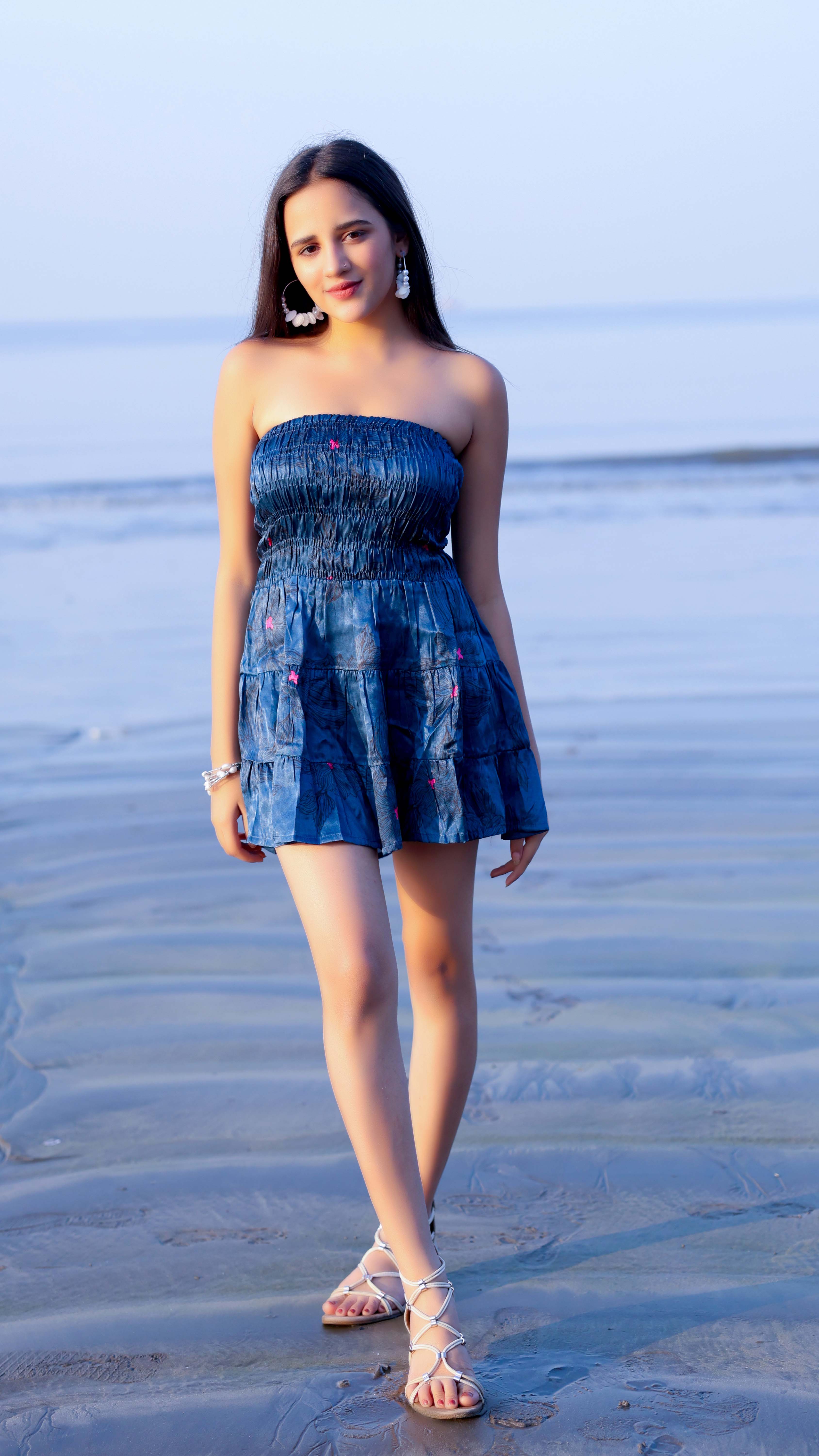 Noroke Modal Steel Blue Printed Mini Tiered Dress | Grocsy