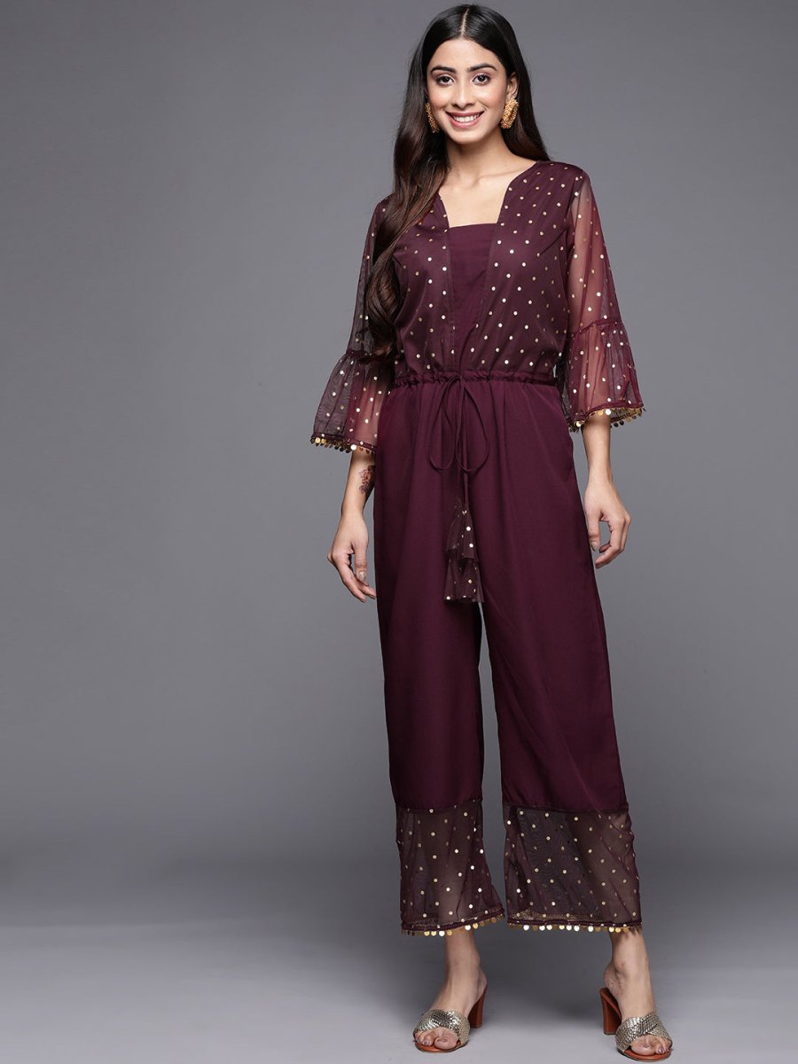 Ahalyaa Printed Bell Sleeves Crepe Basic Jumpsuit With Waist Tie-Ups | Grocsy