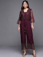 Ahalyaa Printed Bell Sleeves Crepe Basic Jumpsuit With Waist Tie-Ups | Grocsy