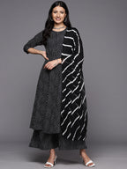 KSUT (House of Varanga) Black And White Cotton Printed Anarkali Kurta Paired With Palazzo And Chiffon Dupatta | Grocsy