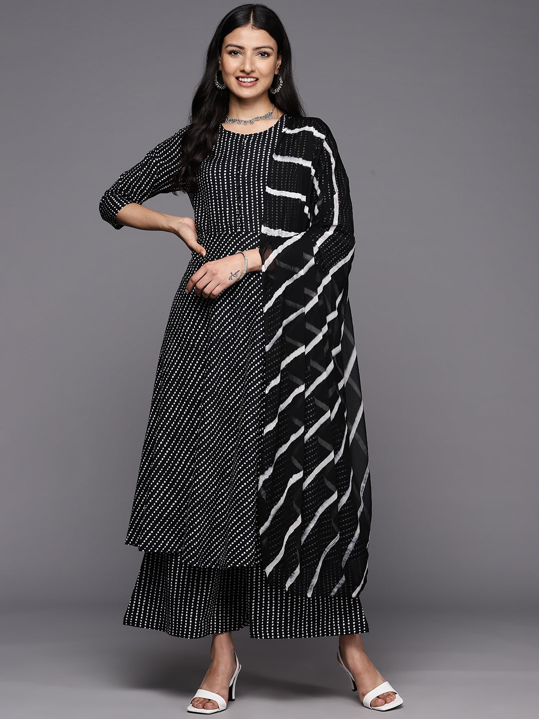 KSUT (House of Varanga) Black And White Cotton Printed Anarkali Kurta Paired With Palazzo And Chiffon Dupatta | Grocsy
