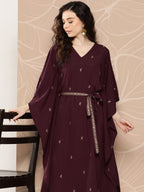 Ahalyaa Women Floral Printed Flared Sleeves Belted Detail Crepe Kaftan Kurta | Grocsy