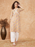 InWeave Women's Multi Floral Painted Alia Lace Work Straight Kurta | Grocsy