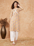 InWeave Women's Multi Floral Painted Alia Lace Work Straight Kurta | Grocsy