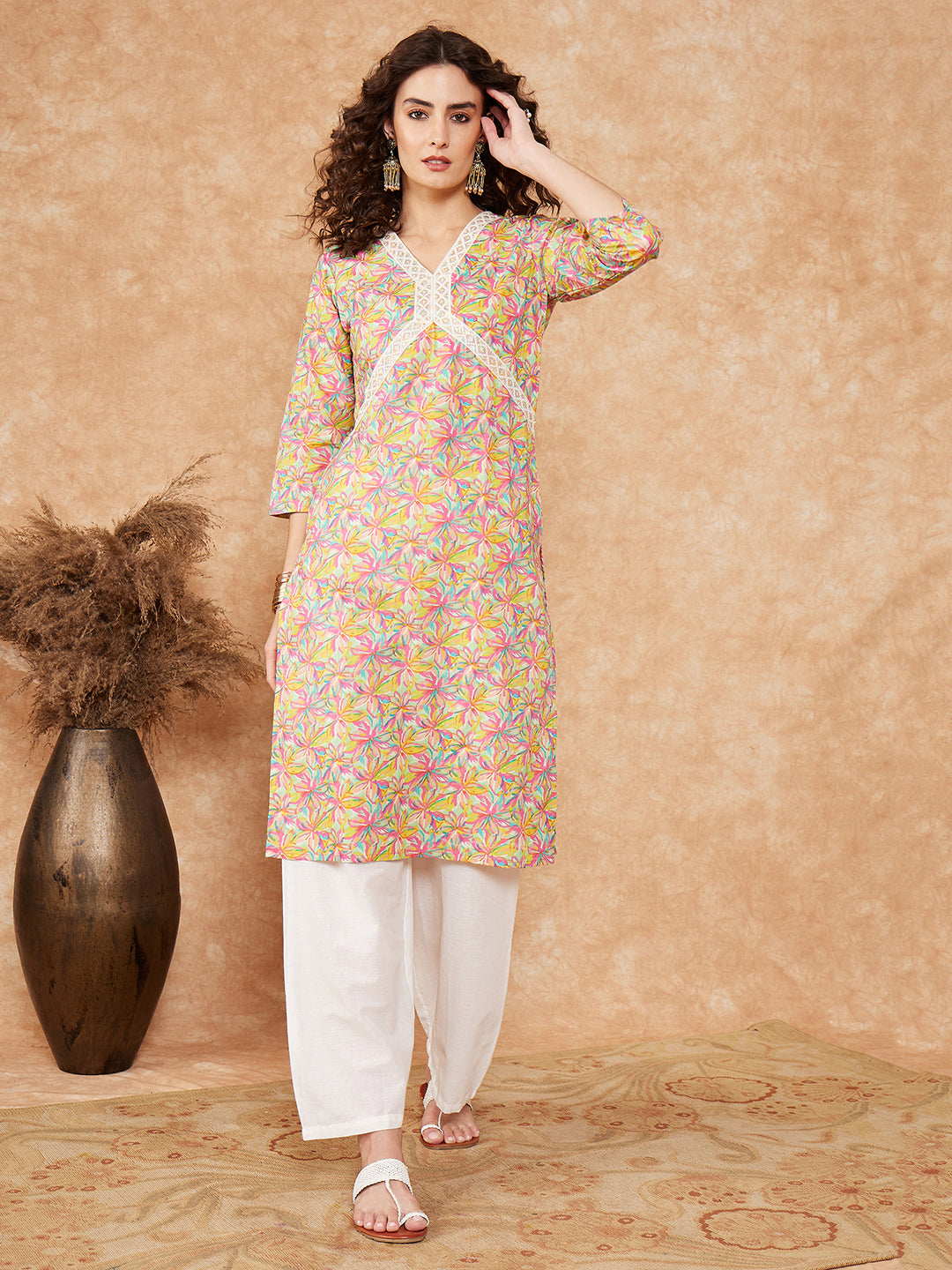 InWeave Women's Multi Floral Painted Alia Lace Work Straight Kurta | Grocsy
