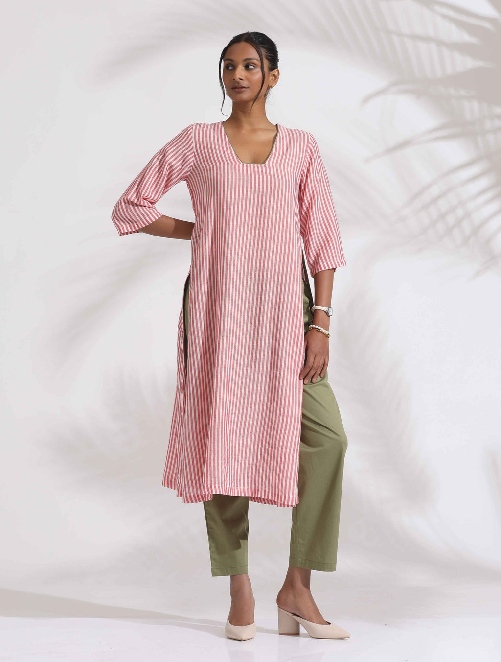 trueBrowns Red Cotton Stripe Straight Kurta Set | Grocsy