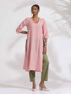 trueBrowns Red Cotton Stripe Straight Kurta Set | Grocsy