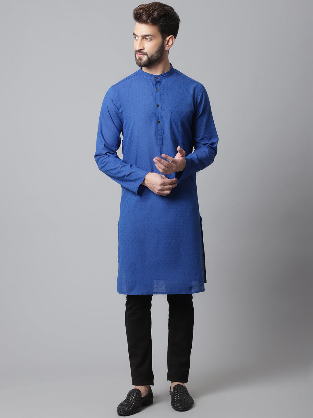 Even Apparels Blue Solid Kurta With Band Collar | Grocsy